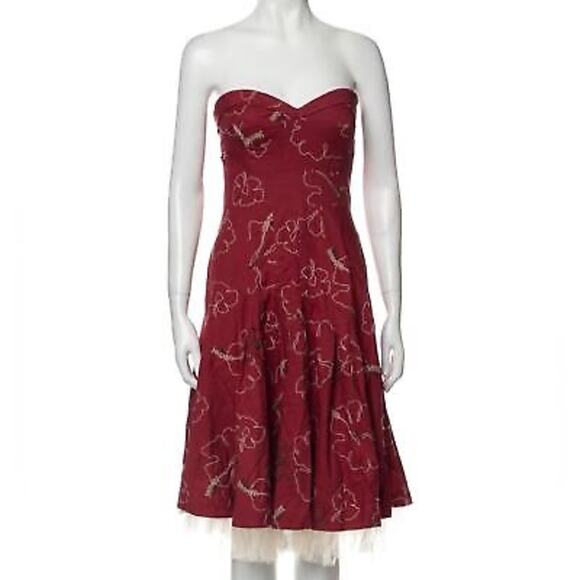 NWOT TIBI Dress 8 Merlot Beads Embroidery FitFlare Pleated Sweetheart-CuffedNeck - Picture 1 of 8